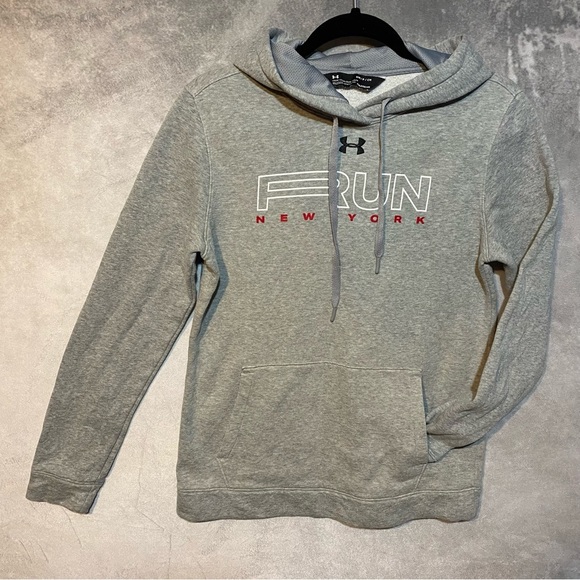 Under Armour Mens Hoodie Small Gray Run New York ColdGear Kangaroo Pocket - Picture 2 of 11